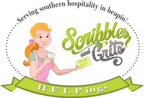 Illustrated logo for “Scribbles and Grits,” featuring a smiling Southern woman with blonde hair in a ponytail, wearing a pink apron and holding a steaming cup of coffee and a “Thanks Y’all!” note. The text reads “Serving Southern hospitality in heapin’... Scribbles and Grits,” with a green ribbon below spelling “HELPings.” The design has a retro, welcoming aesthetic reflecting Southern charm and hospitality.