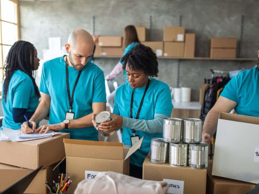 a group of people in blue shirts