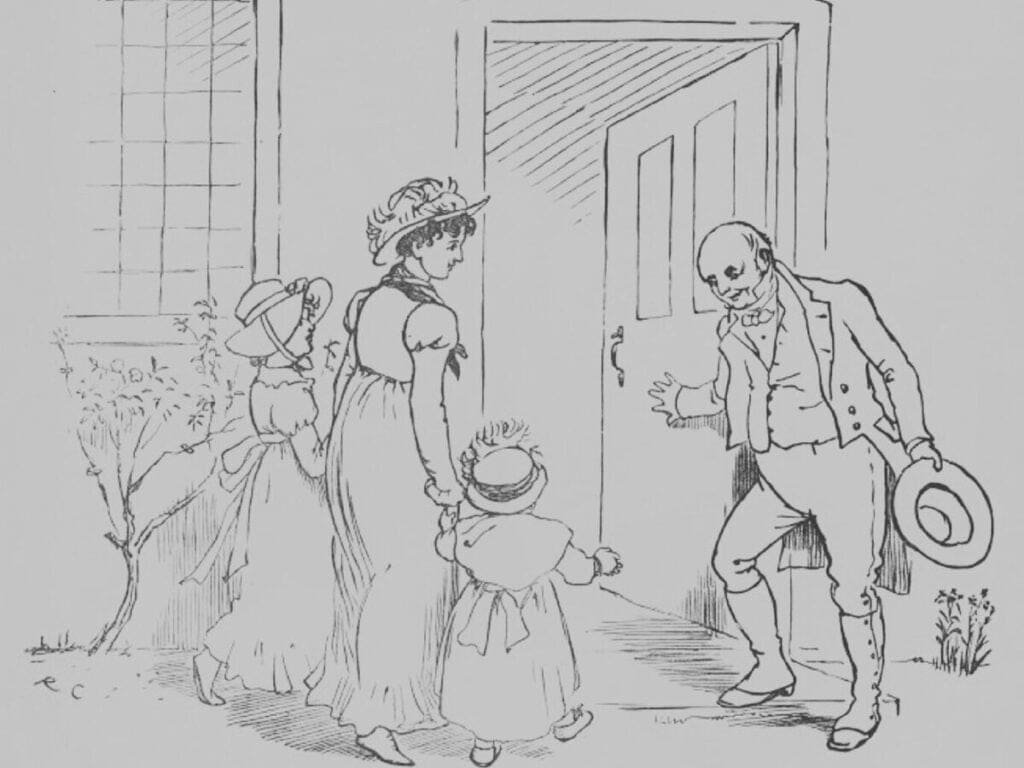 a drawing of a man and two children