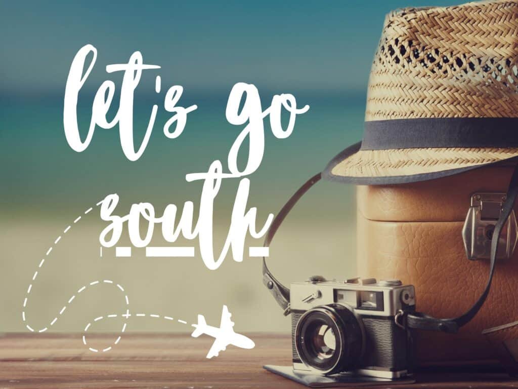 a box and hat on a table with text reading 'lets go south'.