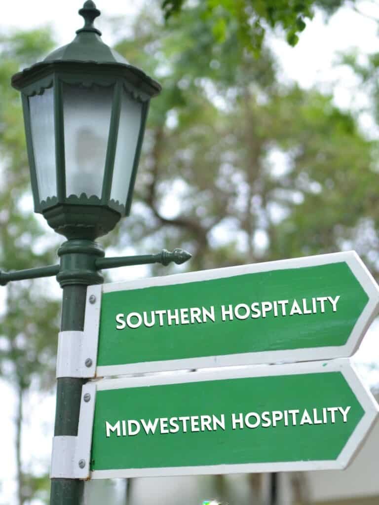 Wrought Iron Lamp Post with Southern and Midwestern Hospitality Signs