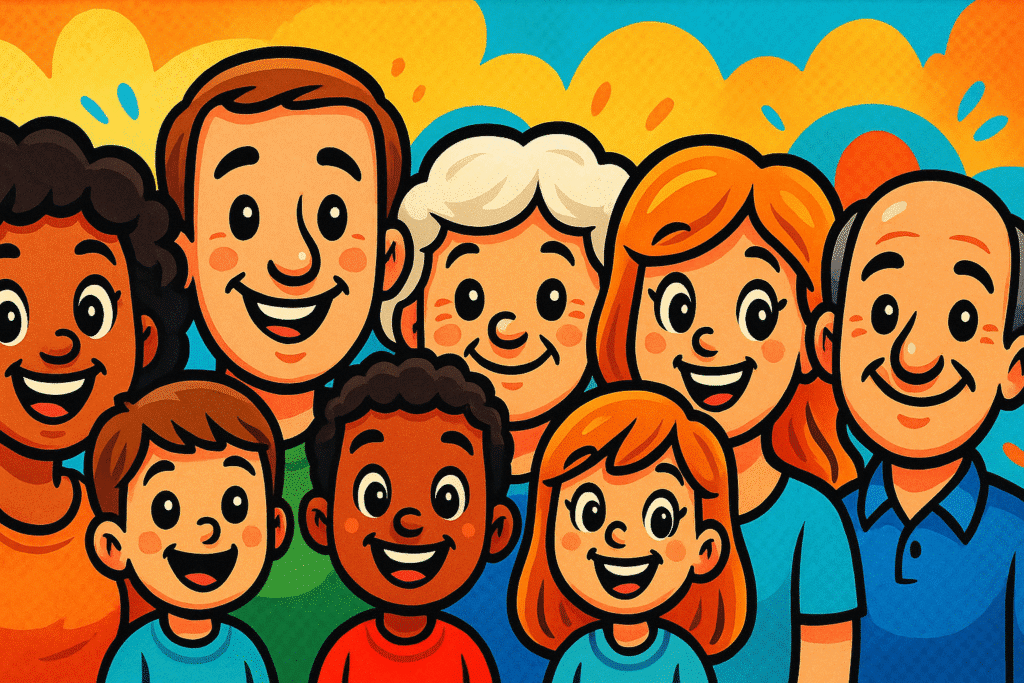 Cartoon family of all ages, races, and genders to represent Southern American Phrases for Family