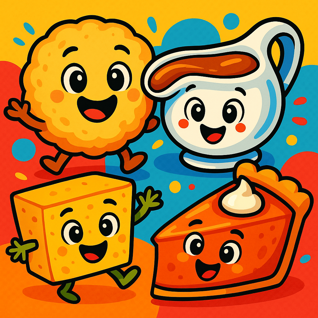 Cartoon character Biscuit, Gravy, Pie and Cheese to illustrate Southern American Phrases for Food