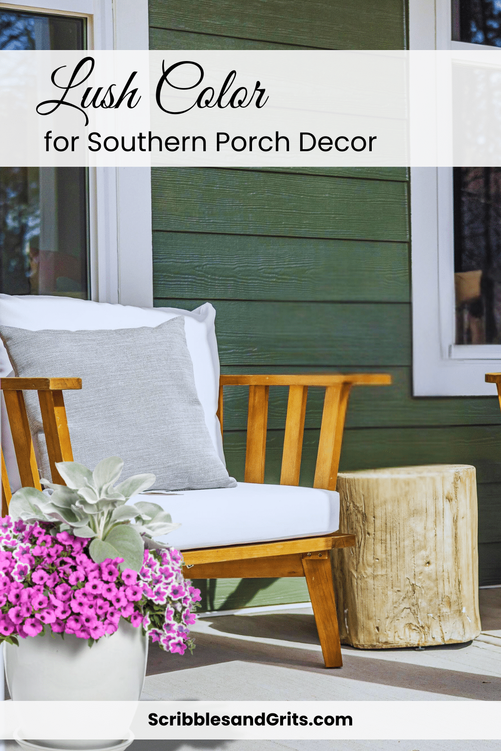Bright pink Proven Winners&trade; container garden styled with Angel Wings foliage on a cozy Southern porch with green siding and wooden accents.