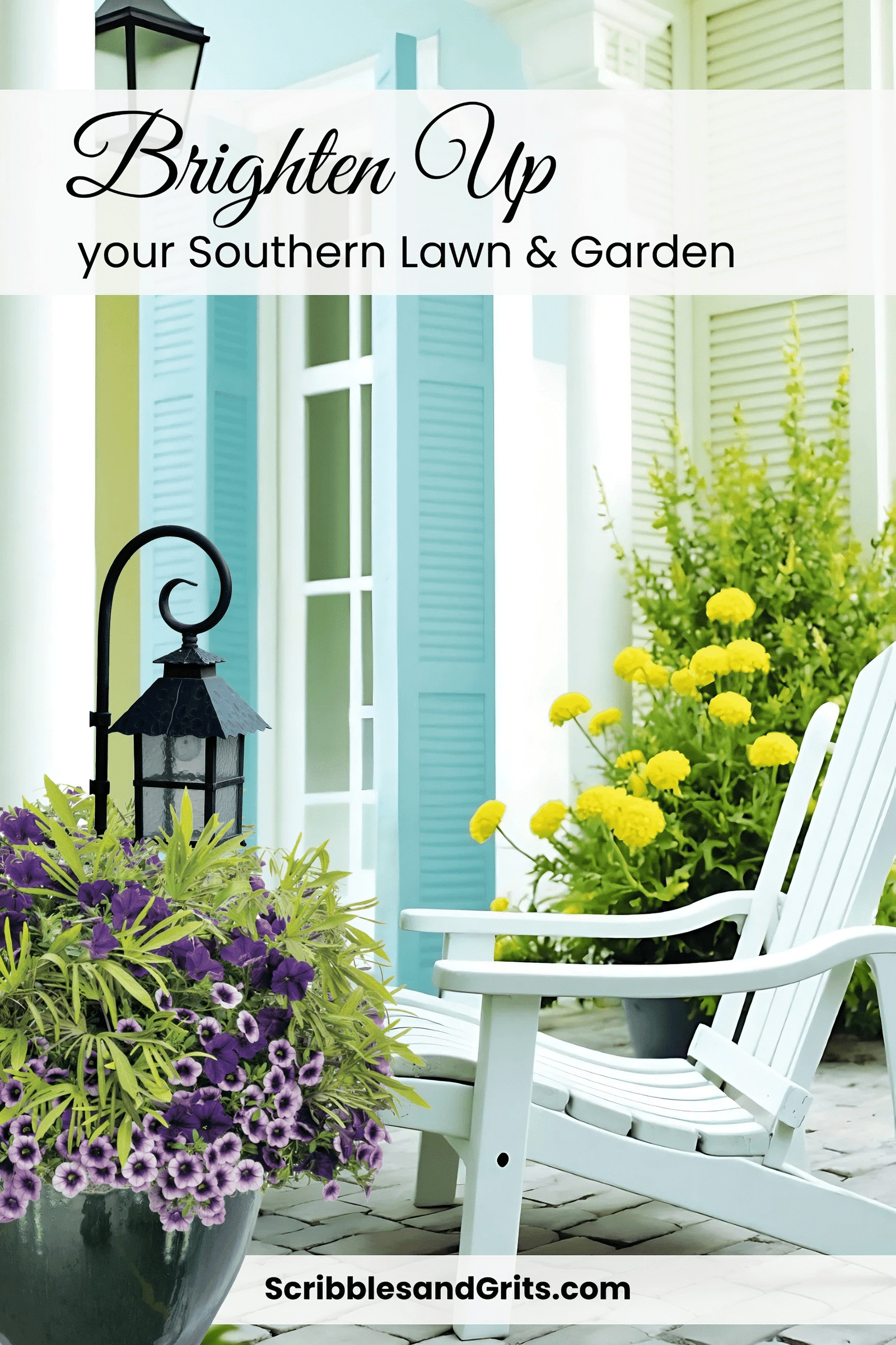 Proven Winners&trade; container garden with vibrant purple and yellow flowers styled on a classic Southern porch with light blue shutters.