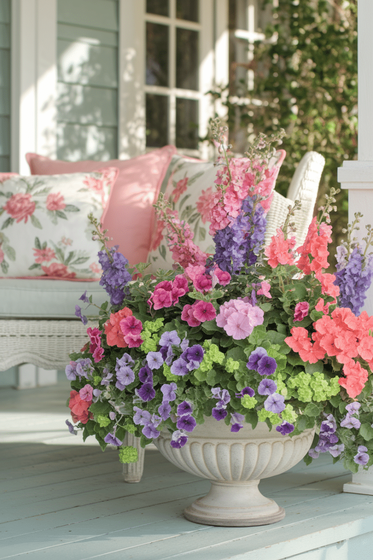 Flower Pot Container Ideas displayed by an urn of pinks, corals and purple flowers on a southern porch
