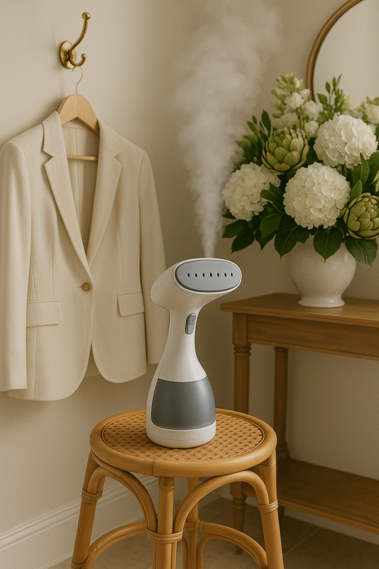 The best handheld steamer on Amazon shown in a dressing room with a hanging linen blazer and pearls on a dressing table