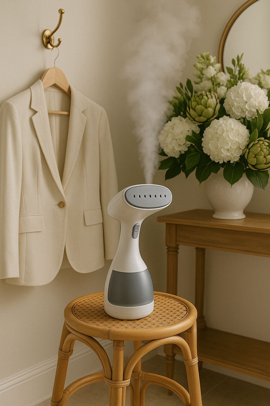 The best handheld steamer on Amazon shown in a dressing room with a hanging linen blazer and pearls on a dressing table