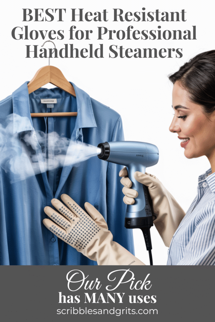Woman Steaming a shirt while wearing the Best Heat Resistant gloves for a handheld steamer.