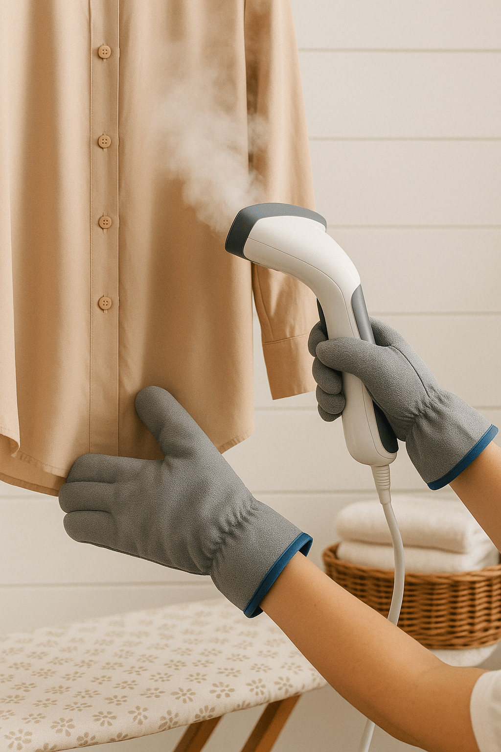 A woman is steaming a shirt while wearing Heat Resistant Gloves for Professional Handheld Steamers