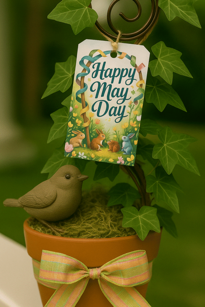 Printable Happy May Day Gift Tags on a Potted Topiary Plant