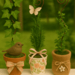 DIY May Day Basket Southern Mini-Topiaries on a porch railing in various flower pots