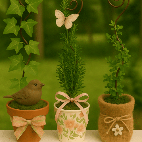 DIY May Day Basket Southern Mini-Topiaries on a porch railing in various flower pots