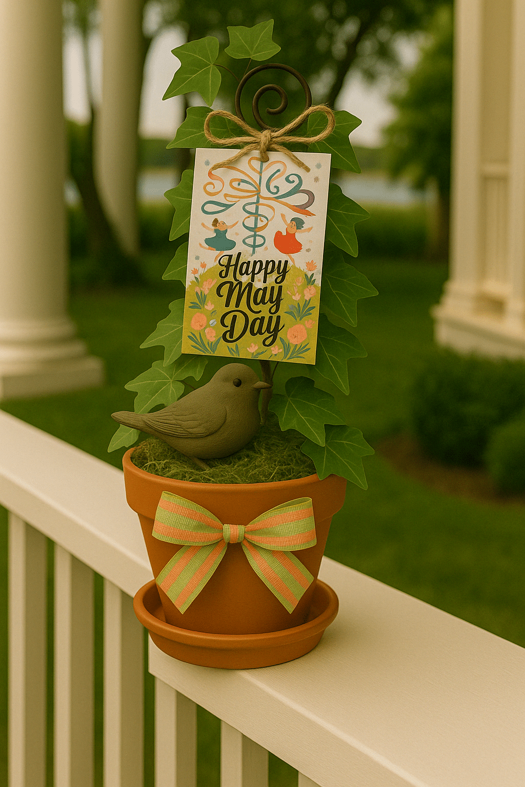 DIY May Day Basket Southern Mini Topiaries with Saucer and Happy May Day Gift Tag, presented on a porch railing.