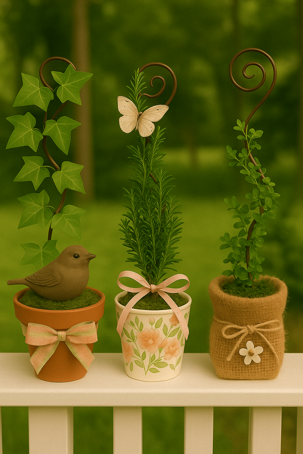 DIY May Day Basket Southern Mini-Topiaries on a porch railing in various flower pots