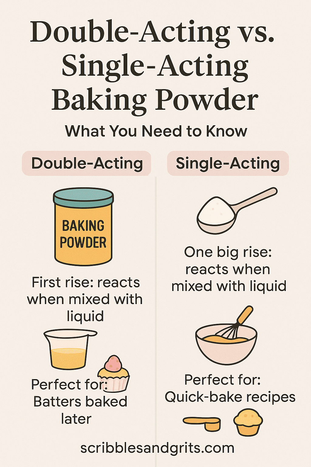 An illustrated infographic that explains the difference between Double Acting vs Single Acting Baking Powder and when to use each one.