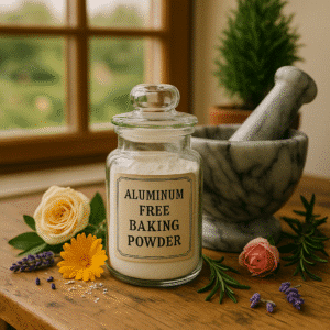 A table showcasing a beautiful antique bottle full of a Homemade Aluminum-Free Baking Powder Recipe beside a gray marble apothecary bowl and pestle.