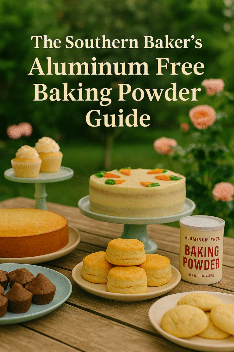 An outdoor table of baked goods titled "The Southern Baker's Aluminum Free Baking Powder Guide"