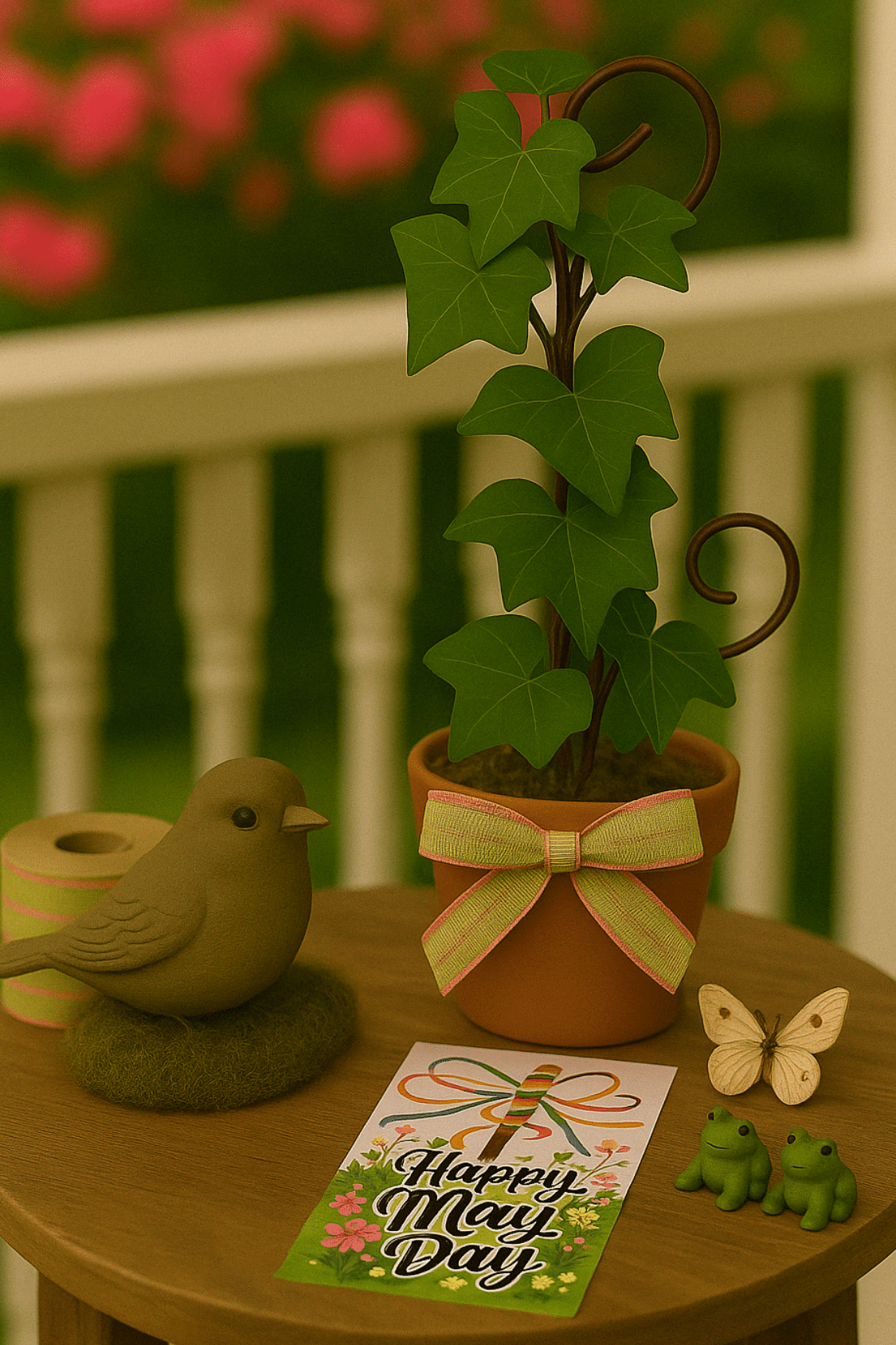 a porch table showing Southern personalization Items to use when making  DIY May Day Basket Mini-Topiaries including: a mini bird statue, a butterfly, frogs, a gift card, and ribbon. 