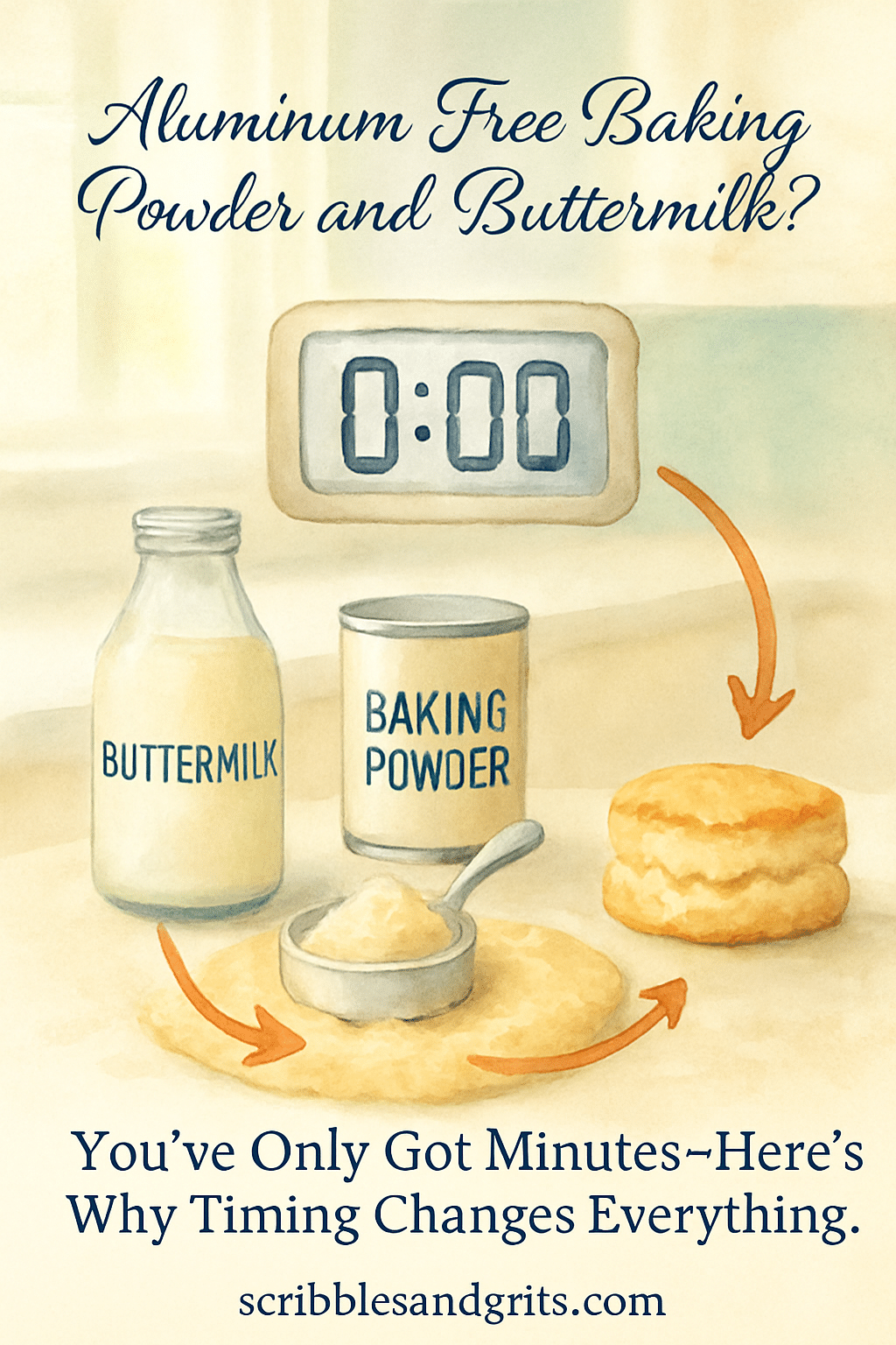 a diagram showing a timer, aluminum free baking powder and buttermilk, and a biscuit because timing is everything. 