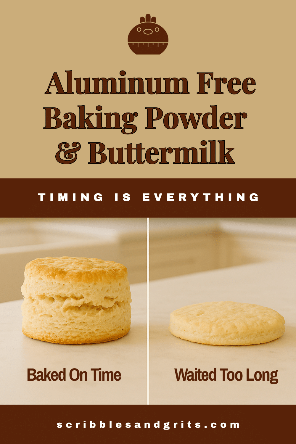 A biscuit comparison showing a biscuit made quickly versus one that was not after Aluminum Free Baking Powder and Buttermilk were combined. 