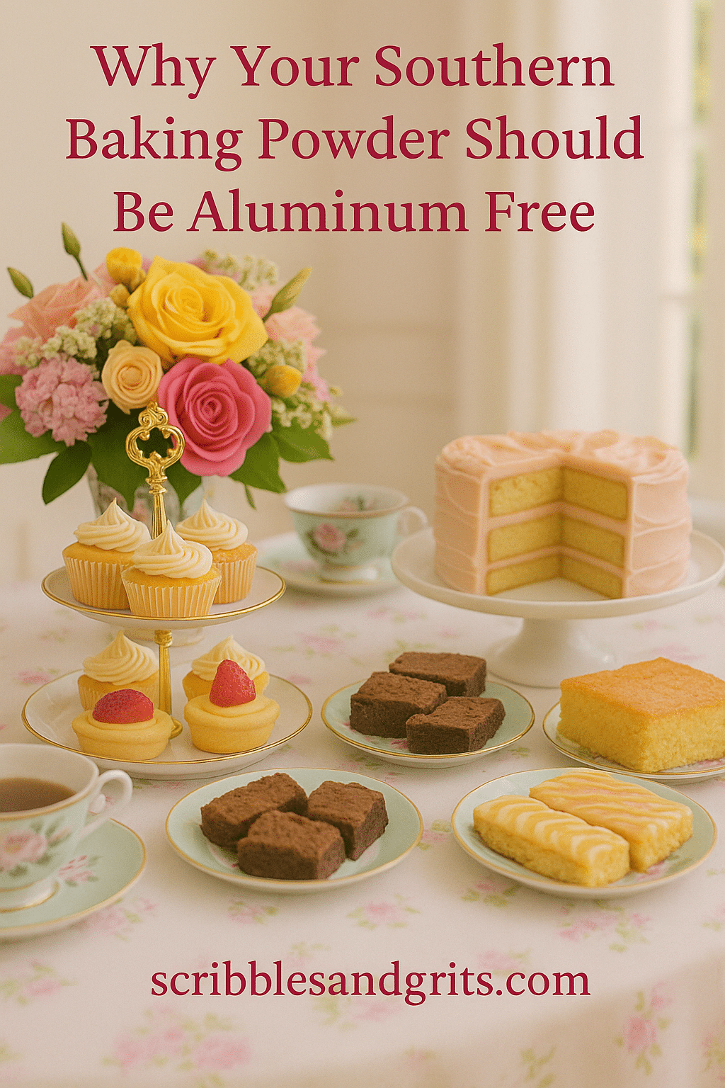 Beautiful Florals and Table of Baked Goods with the heading, Why Southern Baking Powder should be Aluminum Free