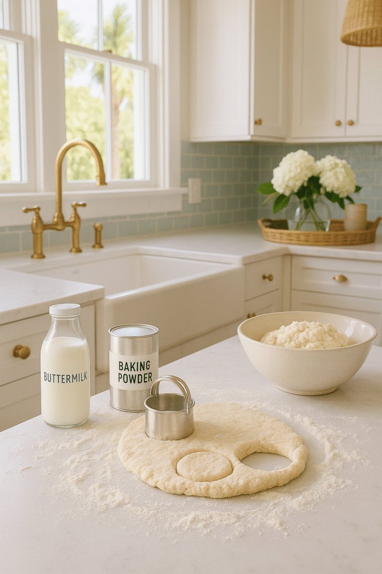 A beautifully lit, modern, upscale, bright and cheery and coastal style Southern kitchen scene with a floured countertop, buttermilk, a biscuit cutter mid-motion, and a bowl of dough.