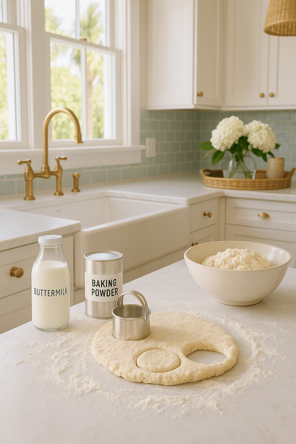 A beautifully lit, modern, upscale, bright and cheery and coastal style Southern kitchen scene with a floured countertop, buttermilk, a biscuit cutter mid-motion, and a bowl of dough.