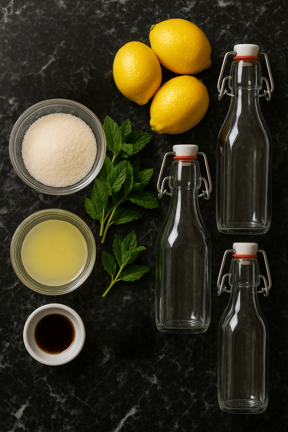 Recipe Ingredients on a Black Marble and White Countertop for Front Porch Lemonade Syrup with Mint and Vanilla