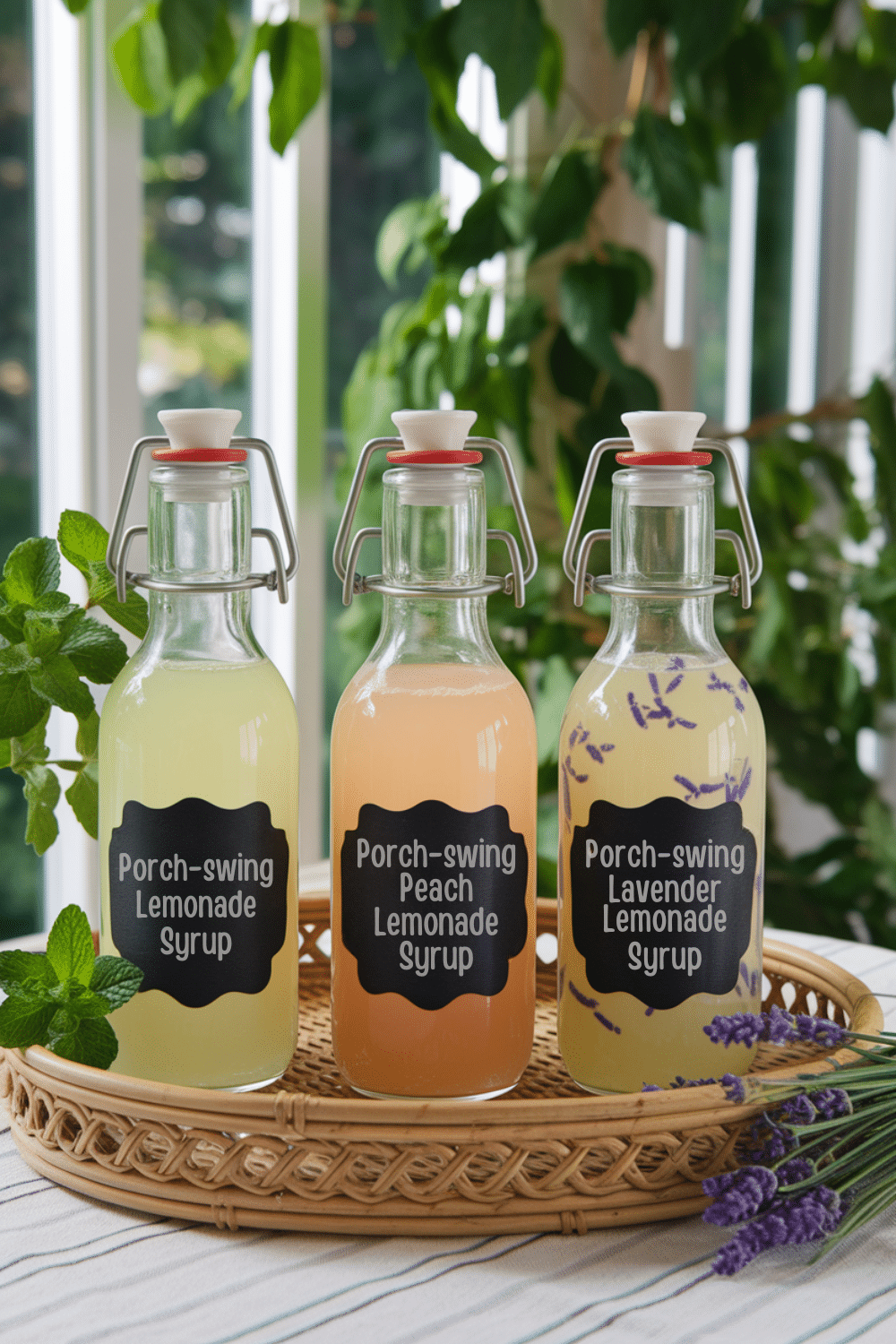 3 Bottles on a Wicker Tray of different flavored "Front Porch Lemonade Syrup" created to give as a homemade southern gift.