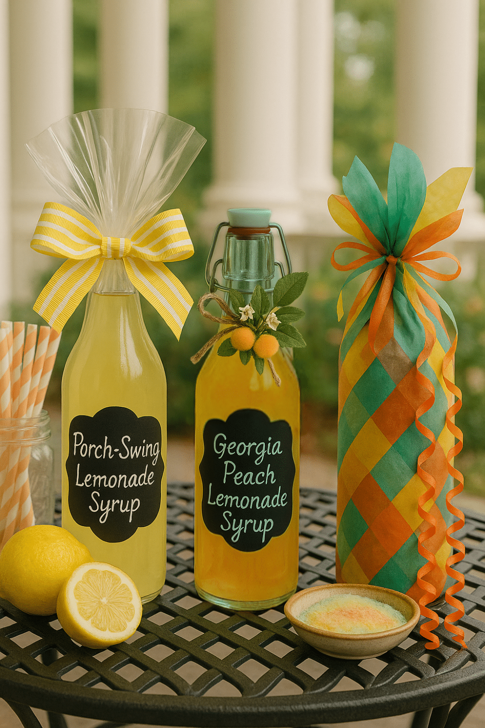 Three Porch Swing Lemonade Wrapped as gifts on a black wrought iron outdoor table. One bottle is cello wrapped with a grosgrain ribbon bow, one peach flavored bottle is adorned with a peach floral pick around the neck, and one bottle is completely wrapped in colorful tissue paper and curly ribbon.