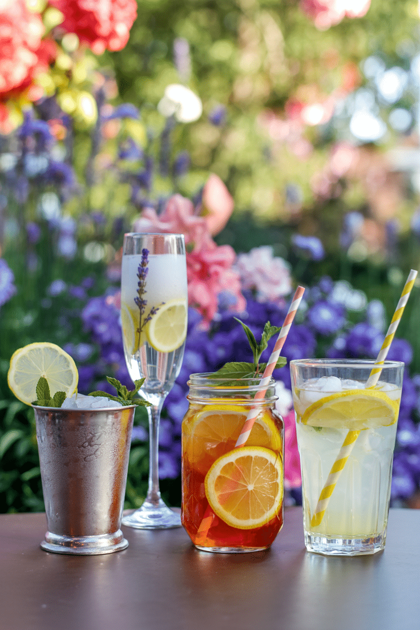 A display of summer cocktails including a mint julep, a lemon processo, an arnold palmer, and a standard glass of porch swing lemonade made from a southern homemade lemonade syrup recipe