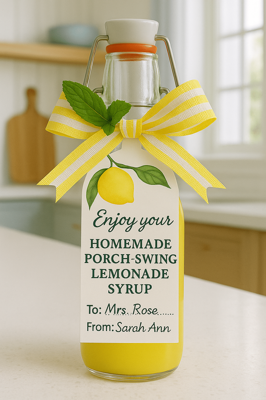 Lemonade Gift Ideas including Porch Swing Syrup in a flip top bottle with a lemon themed hang tag and a yellow and white striped ribbon.