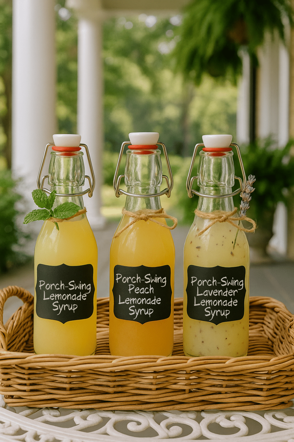 Porch Swing Lemonade Syrups shown in bottles and different flavors for Lemonade Gift Ideas