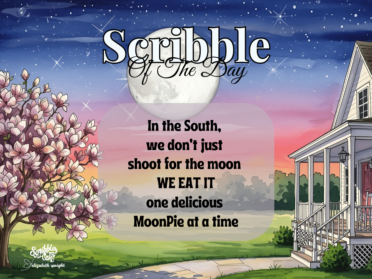 Scribble and Grits Scribble of the Day Southern Food Quote featuring a Tulip Magnolia in Bloom, a southern front porch and a full moon: " In the South, we don't just shoot for the moon, WE EAT IT. One delicious MoonPie at a time"