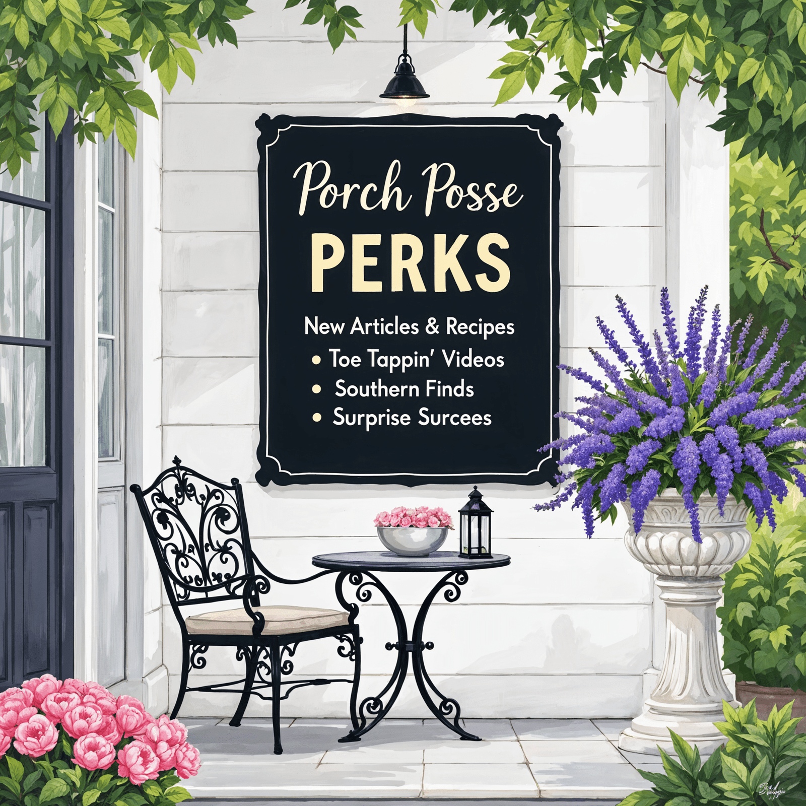 A square image of a southern piazza with black wrought iron furniture and an urn of vibrant purple flowers with a wall sign for the Scribbles and Grits Porch Posse Newsletter Perks listed below it's heading