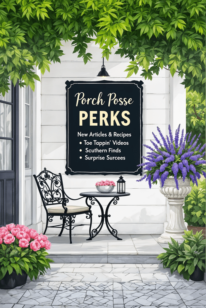 A southern piazza with black wrought iron furniture and an urn of vibrant purple flowers with a wall sign for the Scribbles and Grits Porch Posse Newsletter Perks listed below it's heading