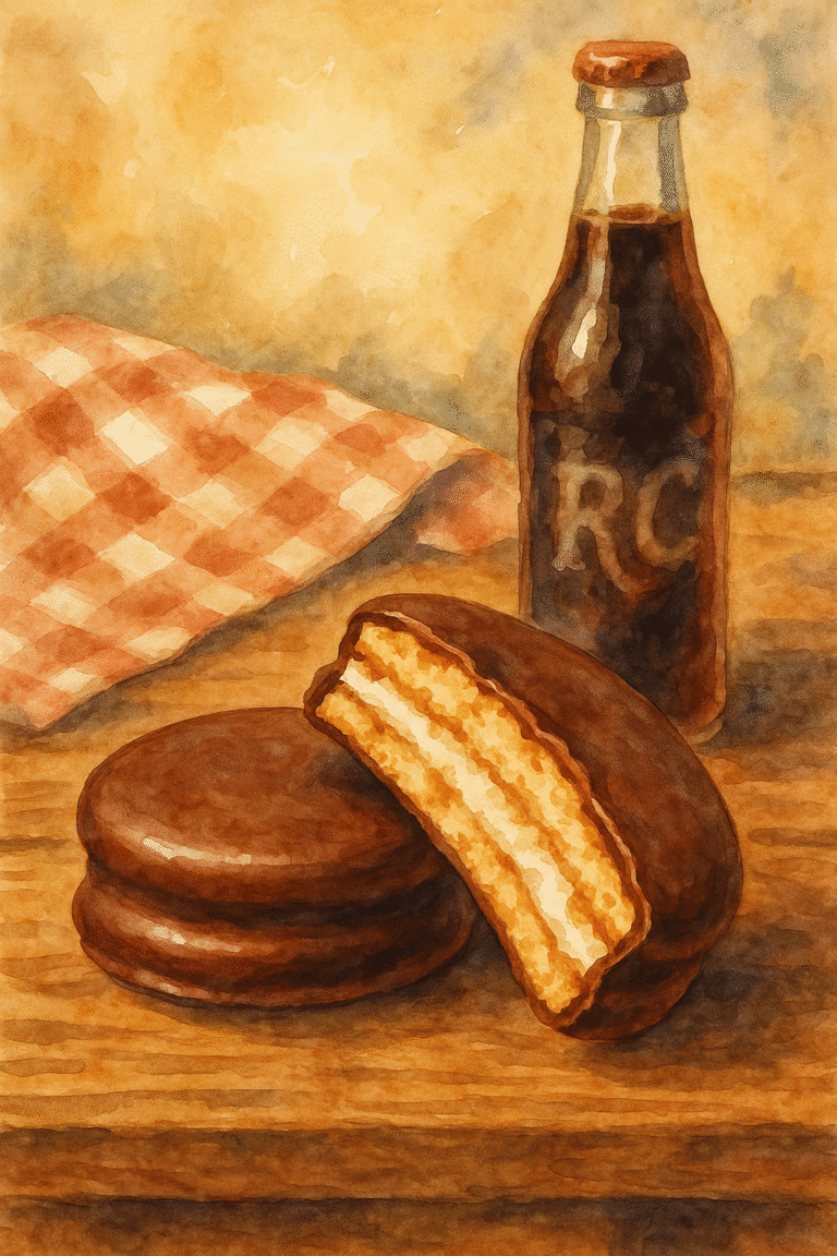 A Watercolor of an RC Cola and MoonPie showcasing the article "What is a Moon Pie"