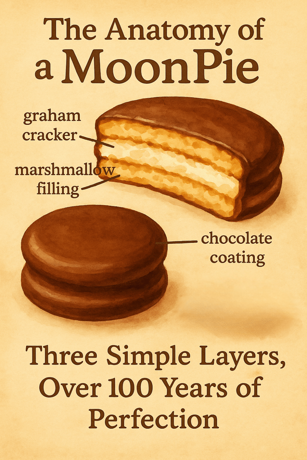 An watercolor illustration of the Anatomy of a Southern Moonpie