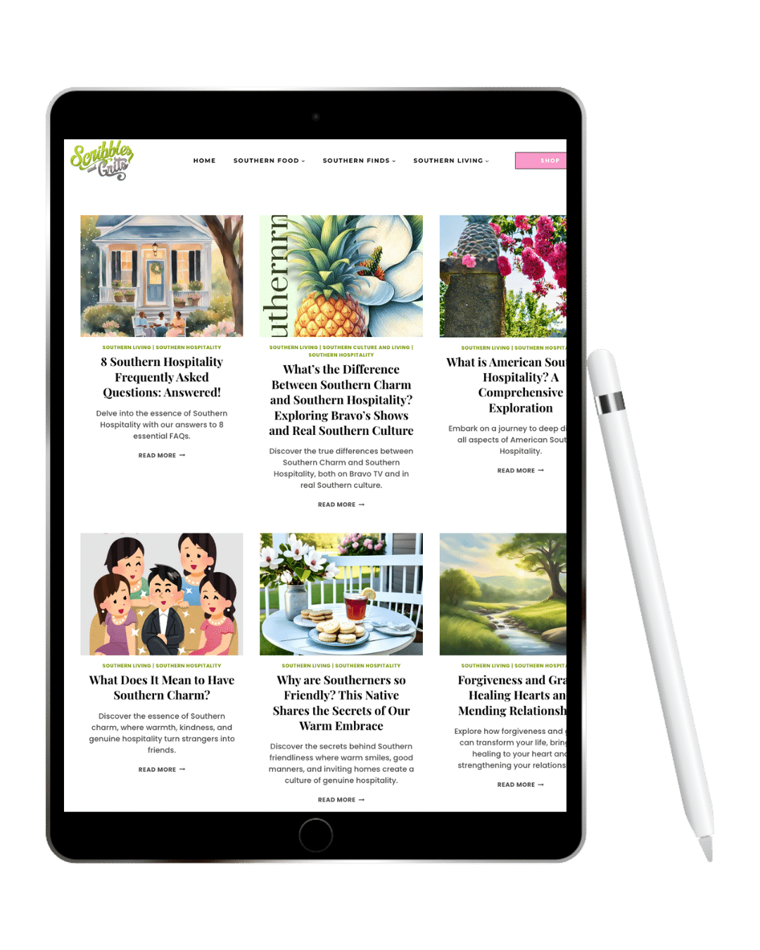 iPad with Stylus Pen displaying Scribbles and Grits collection of Southern Hospitality Blog Posts and Articles