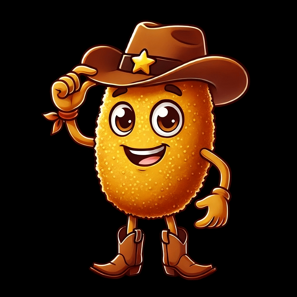 A cartoon hushpuppy character tipping his cowboy hat and smiling. Mascot for the Scribbles and Grits quiz YouTube channel, Hushpuppy Headscratchers.