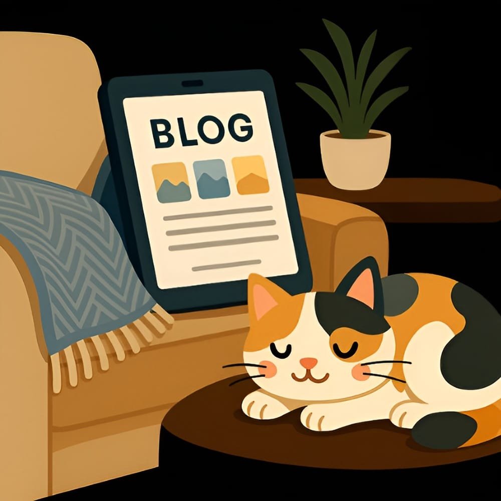 Cozy illustrated reading nook with a calico cat, and tablet displaying a blog, in a modern coastal style on a black background.