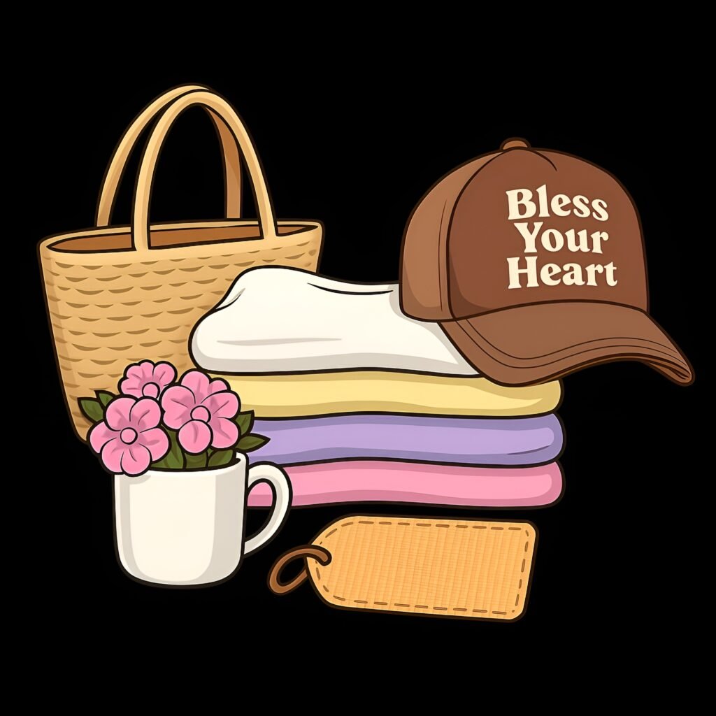 Illustrated image of Southern merch with tote, cap, folded tees, flowers in mug, and tag.